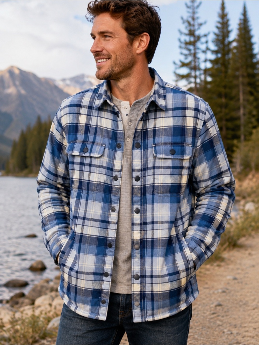 L.L. Bean Men’s M Fleece Lined Plaid Flannel Shirt Jacket Snap Front Blue